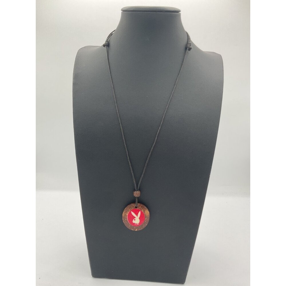 Round Pendant Necklace With Red Playboy Bunny Design On Adjustable Black Cord